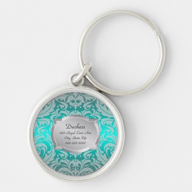 Duchess Teal Damask Silver Plaque Pet Tag Keychain (Front)