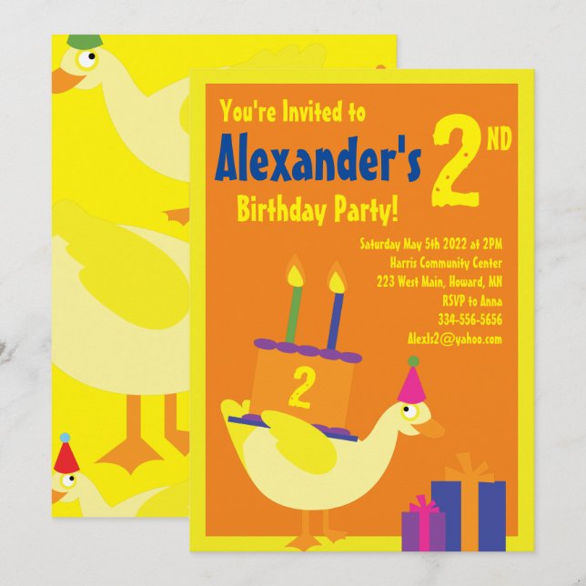 Duck Animal Kid's Birthday Party Invitations (Front/Back)