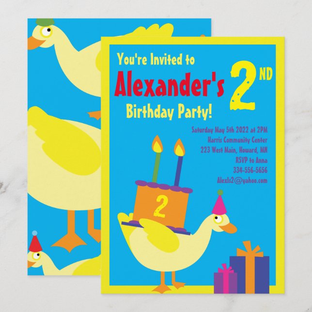 Duck Animal Kid's Birthday Party Invitations (Front/Back)