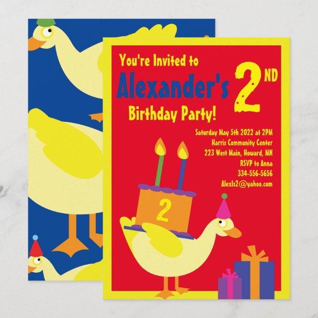 Duck Animal Kid's Birthday Party Invitations (Front/Back)