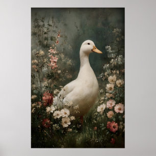 Duck Antique Printable Art, Duck Flower Minimalist Poster
