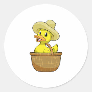 Duck as Farmer with Basket Classic Round Sticker