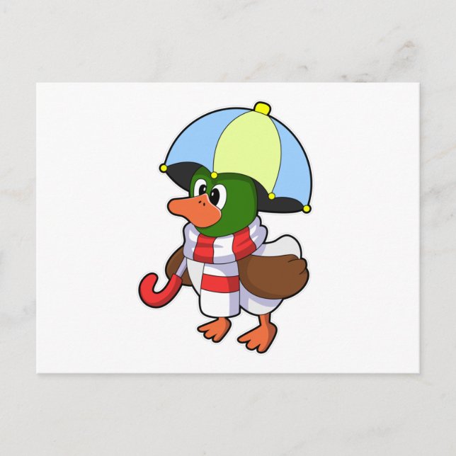 Duck at Raining with Umbrella Postcard (Front)