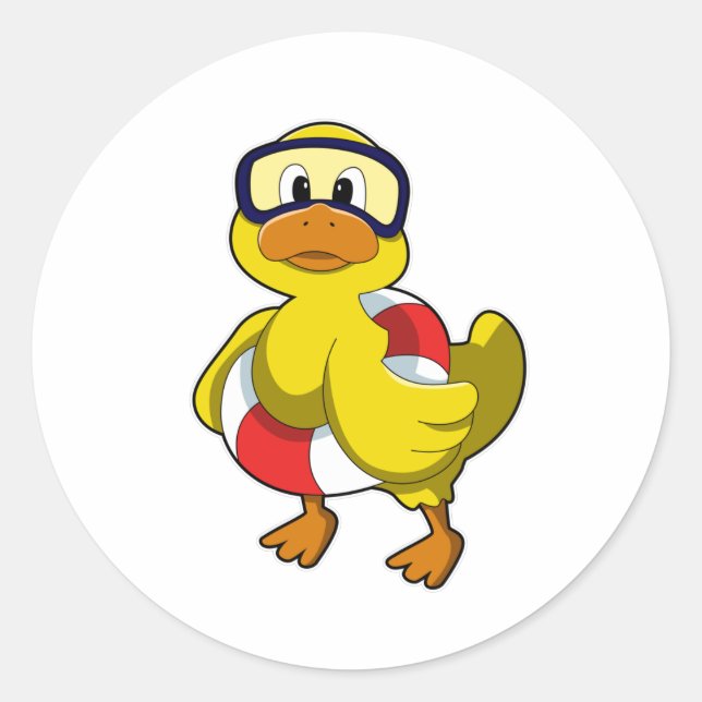 Duck at Swimming with Swim ring & Diving goggles Classic Round Sticker (Front)