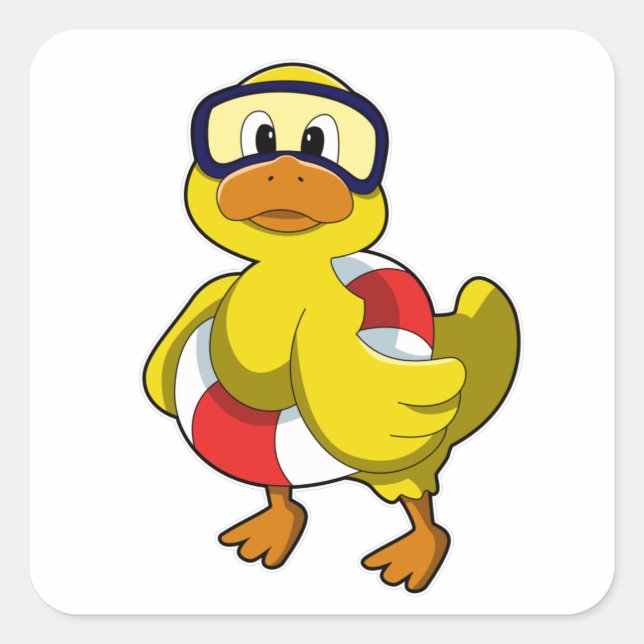 Duck at Swimming with Swim ring & Diving goggles Square Sticker (Front)