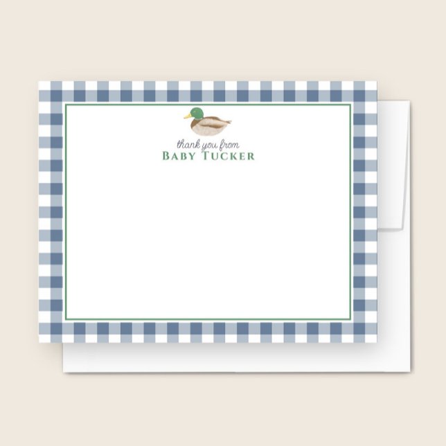 Duck Baby Boy Thank You Blue Gingham Stationery Card (Creator Uploaded)