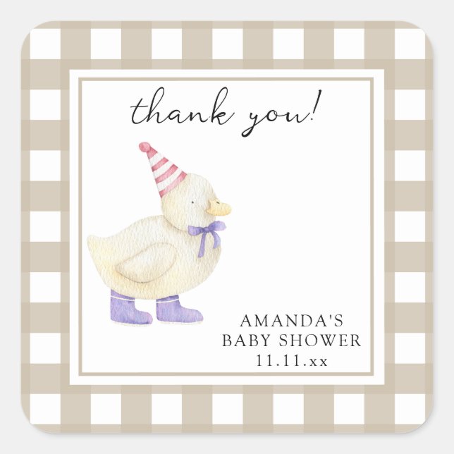Duck Baby Shower Folded Thank You Card Square Sticker (Front)