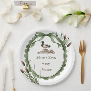 Duck Baby Shower Green White Paper Plate