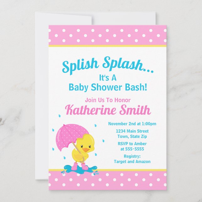 Duck Baby Shower Invitation Girl Pink (Front)