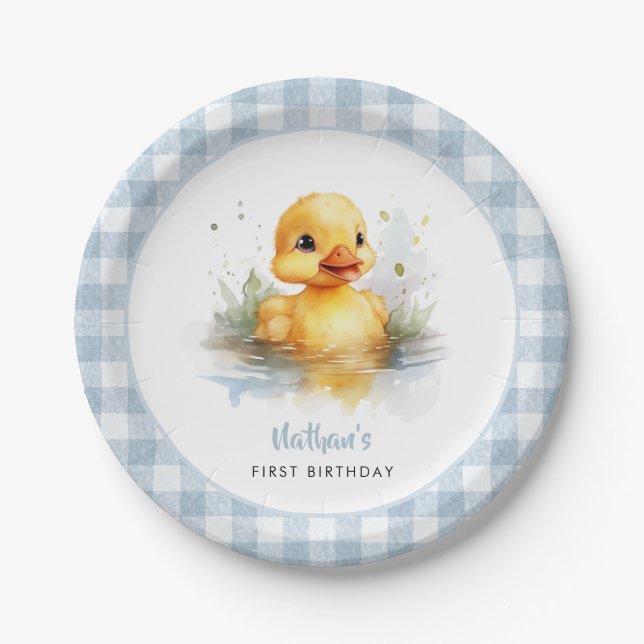 Duck Blue Gingham Birthday Paper Plate (Front)