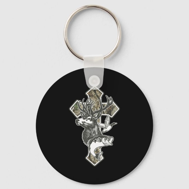 Duck Deer Dove Camo Cross Christian Hello Hunting  Keychain (Front)