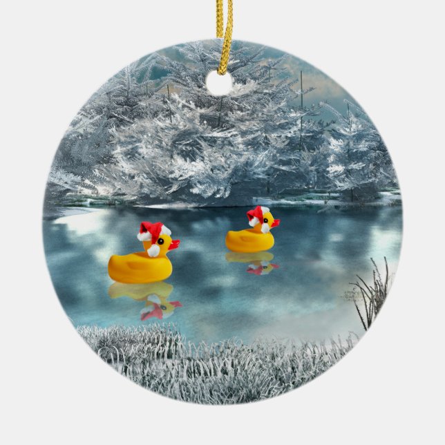 Duck Duo Christmas Ceramic Ornament (Front)