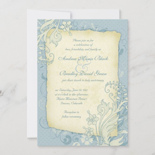 Duck Egg Blue and Ivory Floral Wedding Invitation (Front)