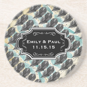 Duck Egg Blue Feather Pattern Wedding Coasters