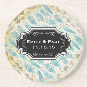Duck Egg Blue Feather Pattern Wedding Coasters