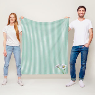 Duck Egg Blue Striped Floral Watercolor Daisy Fleece Blanket