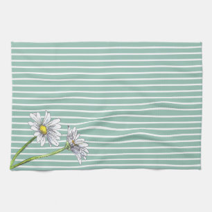 Duck Egg Blue Striped Floral Watercolor Daisy Kitchen Towel