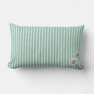 Duck Egg Blue Striped Floral Watercolor Daisy Lumbar Pillow