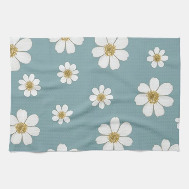 Duck Egg Blue with Daisies, Original Pattern  Kitchen Towel (Horizontal)