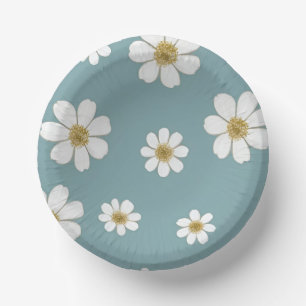Duck Egg Blue with Daisies, Original Pattern Paper Plate