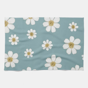 Duck Egg Blue with Daisies Pattern  Kitchen Towel