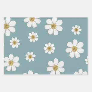 Duck Egg Blue with Daisies Pattern Wrapping Paper Sheet
