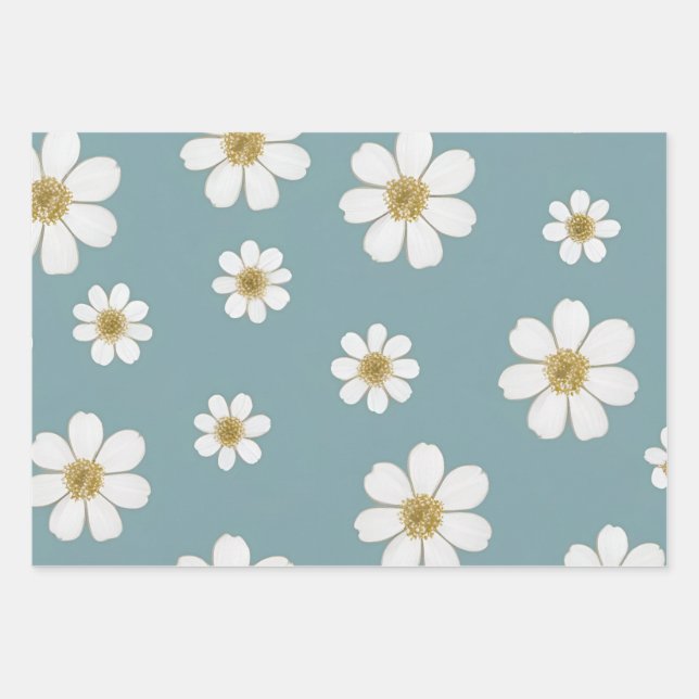 Duck Egg Blue with Daisies Pattern  Wrapping Paper Sheet (Front)