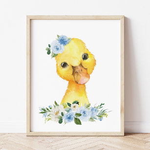 Duck, Farm Animals, Blue Flowers, Boy Nursery Photo Print