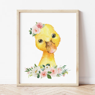 Duck, Farm Animals, Pink Flowers, Girl Nursery Photo Print