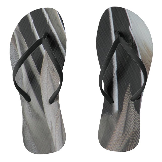 Duck Feather Photo Modern Black Grey Stripes Flip Flops (Footbed)