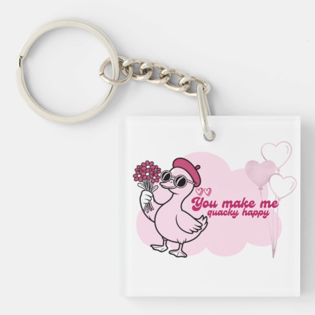  Duck Holding Flowers – “You Make Me Quacky Happy" Keychain (Front)