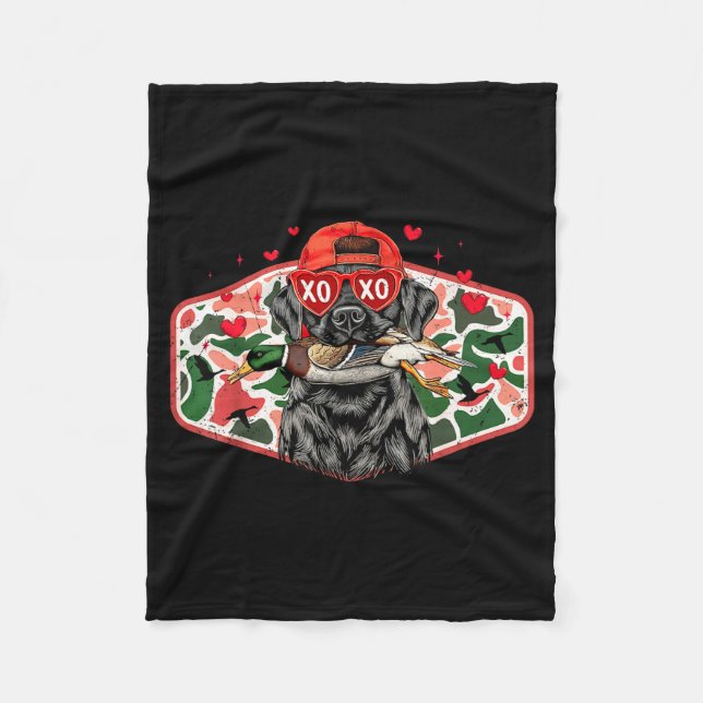 Duck Hunting Black Lab Camo Valentine's Day Xoxo H Fleece Blanket (Front)