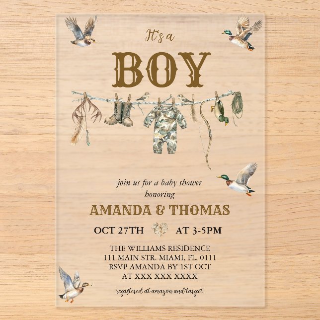Duck Hunting It's a Boy Baby Shower  Acrylic Invitations (Front)