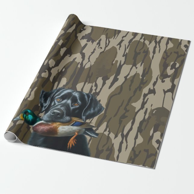 Duck Hunting Labrador Retriever Bottomland Camo Wrapping Paper (Unrolled)
