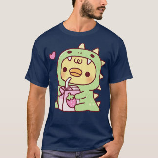Duck In Cute Dinosaur Costume With Strawberry Milk T-Shirt