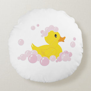Duck in Pink Bubbles Round Pillow