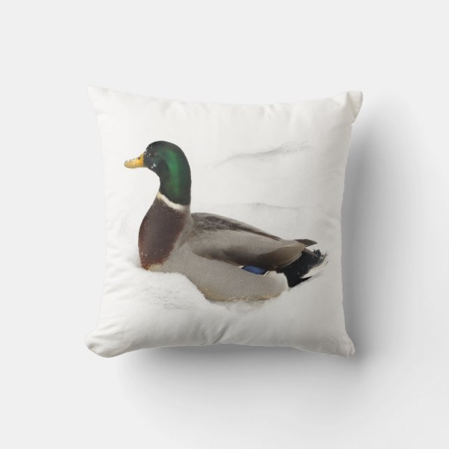 Duck in Snow Throw Pillow (Front)