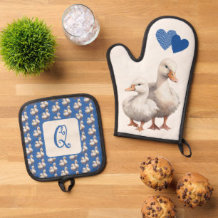 Duck Love Blue Pattern Hearts Initial Oven Mitt & Pot Holder Set
