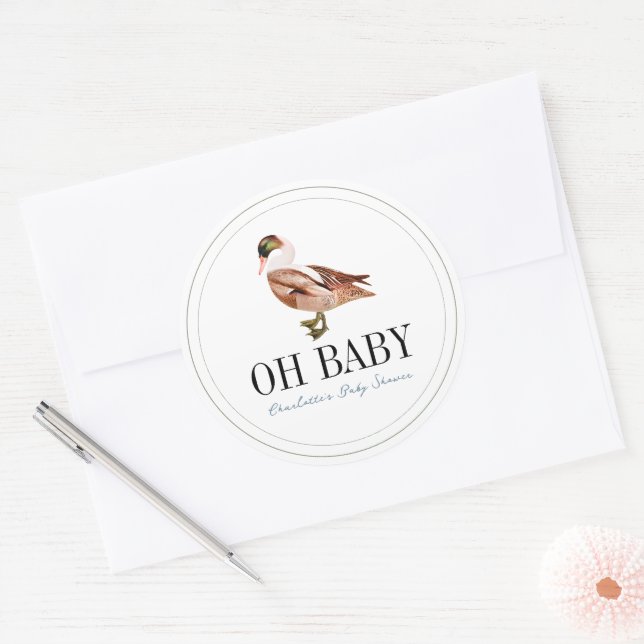 Duck/Mallard Classic White Boy Baby Shower Round Sticker (Envelope)