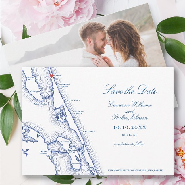 Duck NC Map Elegant Navy Blue Wedding Save The Date (Duck NC Wedding Save the Date for an elegant navy blue Outer Banks Wedding by Coastal Map Designs)