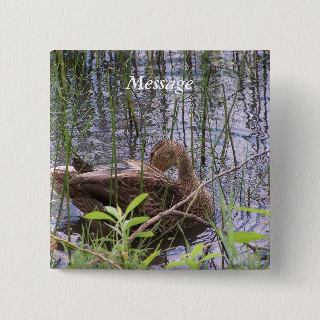 Duck Preening in the Reeds 2 Inch Square Button (Front)