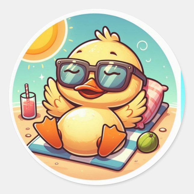 Duck Summer Holiday Fun on beach  Classic Round Sticker (Front)
