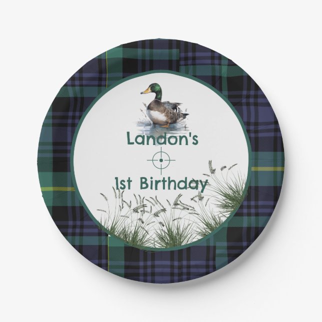 Duck Theme 1st Birthday Hunter green plaid Welcome Paper Plate (Front)