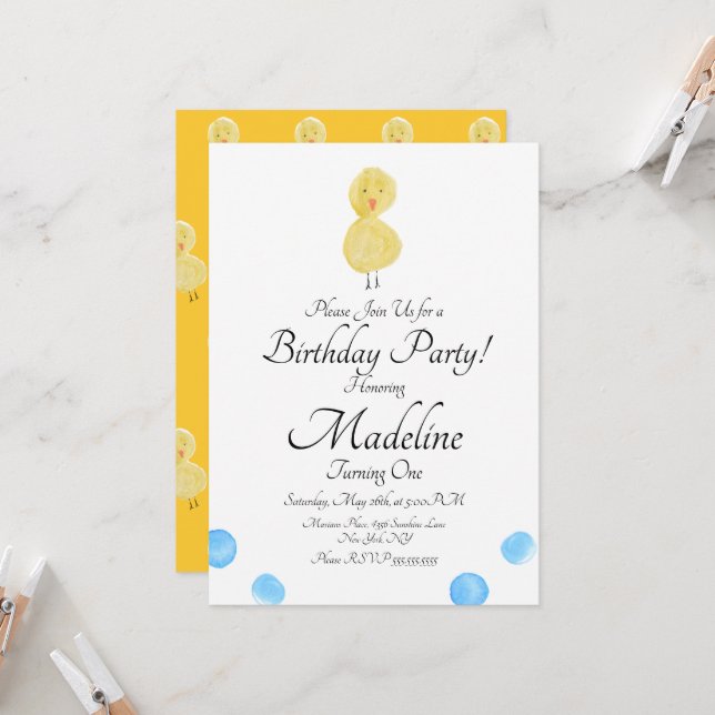 Duck Watercolor Painted First Birthday Party   Invitation (Front/Back In Situ)
