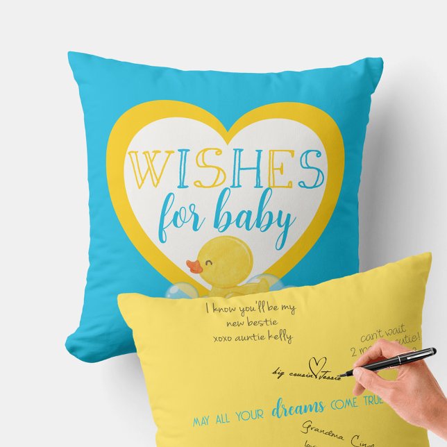 Duck Wishes for Baby Autograph Pillow For Signing (Wishes for Baby Guestbook Signature Pillow for Watercolor Rubber Duck Baby Shower)