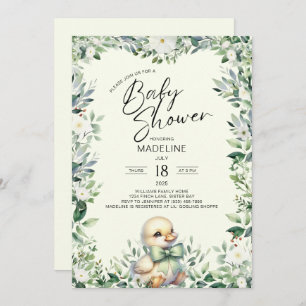 Duck with Bow Greenery Baby Shower Invitation