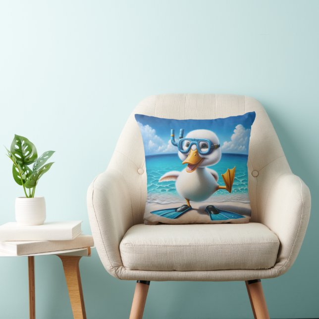 Duck With Diving Snorkel On Beach Throw Pillow (Chair)