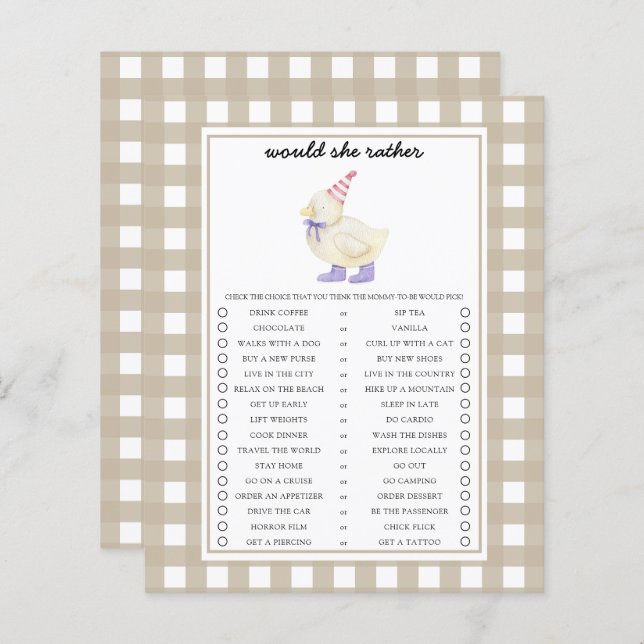 Duck Would She Rather Baby Shower Game (Front/Back)