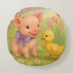  Duckling and Piglet with Purple Bow, Watercolor b Round Pillow