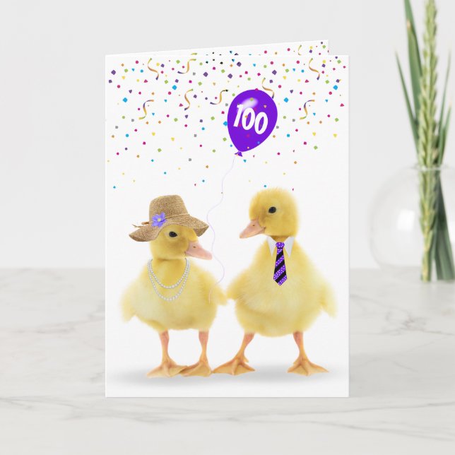  Duckling Couple With 100th Birthday Balloon Card (Front)